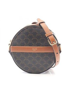 Celine Shoulder Bag Round Purse Triomphe Black Brown Canvas Leather Pochette